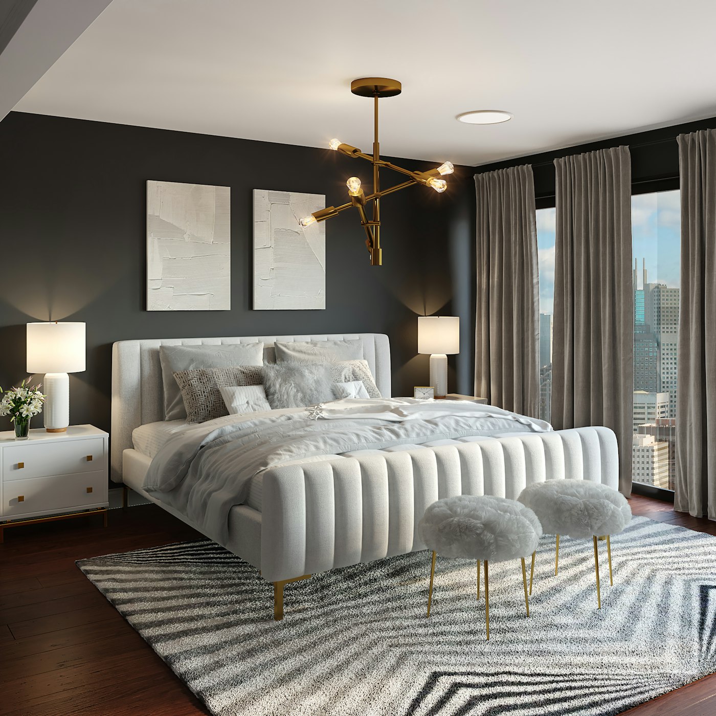 A bedroom with a custom upholstered bed and storage